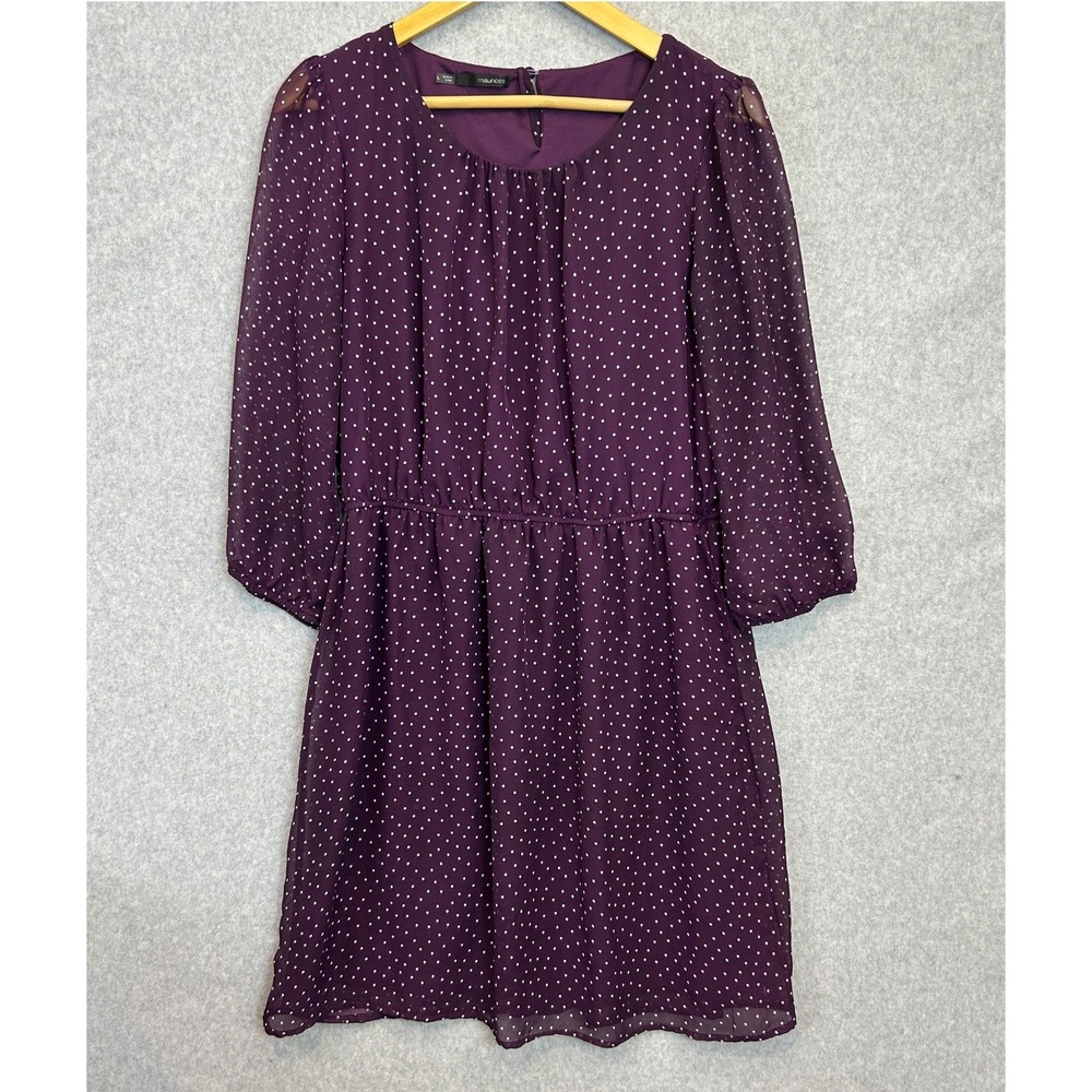 Maurices Dress Purple Polka Dot Chiffon 3/4 Sleeve Office Preppy Fall Size L